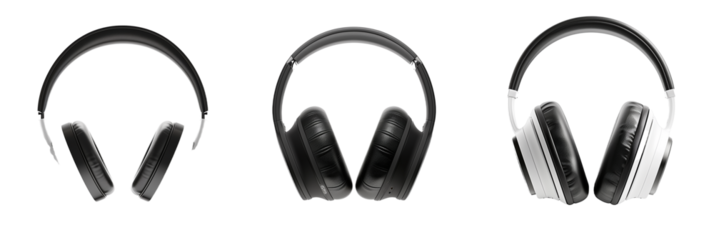 set of different views of headphones integrated with language learning technology, each designed for multilingual education, isolated on transpartent background