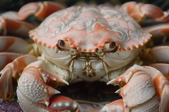 A closeup of a red crab with white and blue painted shell.