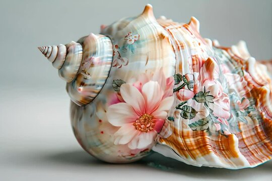 A conch shell with intricate floral designs painted.