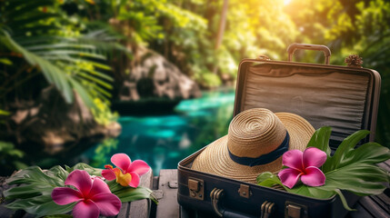 tropical suitcases with tropical plants, shells, sun hat, beach hut and beach towel on turquoise tabletop - obrazy, fototapety, plakaty