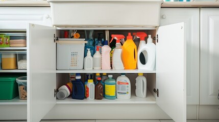 Cleaning supplies and detergents beneath the sink in the white kitchen cabinet