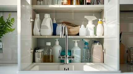 Cleaning supplies and detergents beneath the sink in the white kitchen cabinet