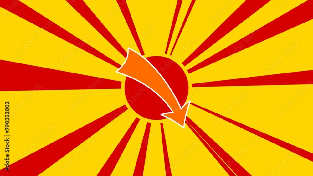 Aufkleber down arrow on the background of animation from moving rays of the sun. large orange symbol increases