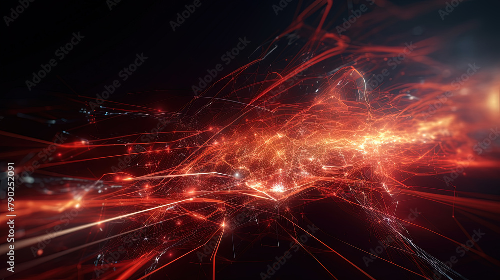 Poster Abstract technology burst with glowing wires and particles in motion. Technology and science dynamic background.