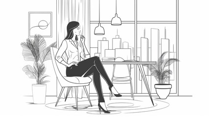 illustration of Young Confident Businesswoman   Sitting in a Modern Office Space
