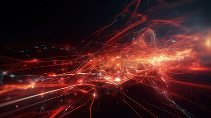 Abstract technology burst with glowing wires and particles in motion. Technology and science dynamic background.