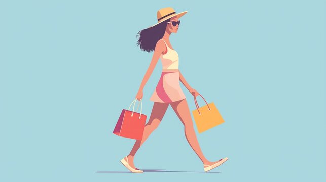 Stylish Woman Enjoying Summer Shopping Spree During Sunny Afternoon blue background