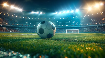 Close-up of a Soccer Ball on a Lush Green Field Under Stadium Lights. Exciting Sports Atmosphere Captured in a Vibrant Image. Ideal for Sports Marketing and Events. AI