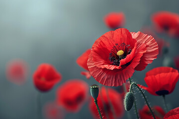 Vibrant red poppy flowers blooming in a garden, symbolizing remembrance and honor. Ideal for use in floral arrangements or memorial events. - obrazy, fototapety, plakaty