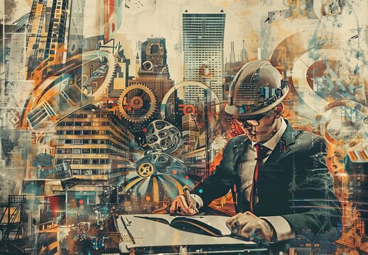 Art collage depicting business and modern technologies, incorporating relevant icons for a visually engaging presentation.
