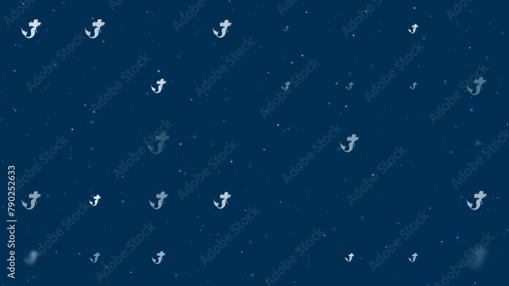 Poster template animation of evenly spaced mermaid symbols of different sizes and opacity. animation of tra