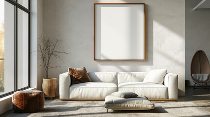 Frame mockup, poster mockup frame on living room wall, poster mockup, interior mockup with house background. Interior Design. 3D rendering style, modern luxury apartment