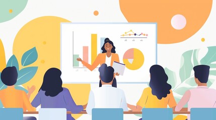 illustration  Female Presenter Conducting Business Training With Colorful Charts