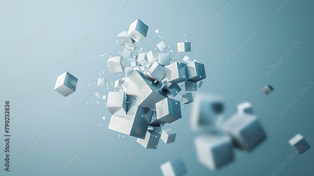 Poster exploding cubes in a dynamic composition evoke themes of transformation and chaos. captured in cool 