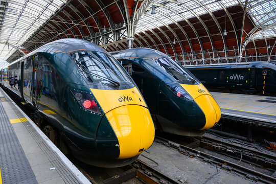 London, UK - March 23, 2024 - GWR modern passenger trains waiting at platform at London Paddington station