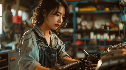 A focused South Korean woman with short, dark hair adjusts a car engine component with a wrench, grease smudged on her overalls Tools hang neatly on the wall in the background,realistic photo - obrazy, fototapety, plakaty
