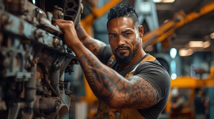A powerful Samoan mechanic, his arms covered in tattoos, hoists a heavy car engine with a crane, showcasing the strength needed for certain aspects of the job,realistic photos shot fro