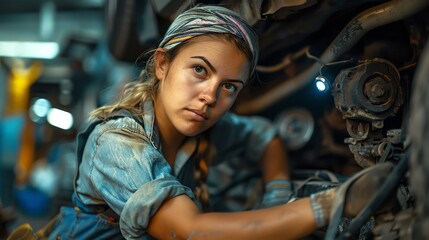 A skilled Mexican mechanic, wearing a bandanna tied around her head, uses a flashlight to inspect a cars intricate undercarriage, revealing the complexity of the repair,realistic photos shot
