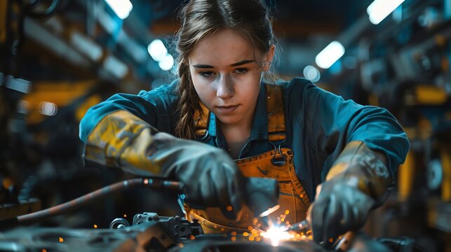 A focused Russian woman, her overalls covered in tools, welds a metal car part with precision and skill, highlighting the use of specialized techniques in car repair,realistic photos sh