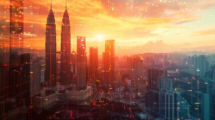 An abstract technology hologram featuring a panoramic view of Kuala Lumpur at dusk in Malaysia and Asia. Concept of technological change of the world.  