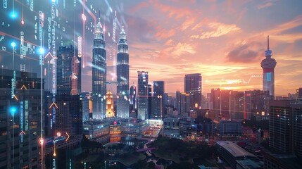 Naklejka premium An abstract technology hologram featuring a panoramic view of Kuala Lumpur at dusk in Malaysia and Asia. Concept of technological change of the world. 