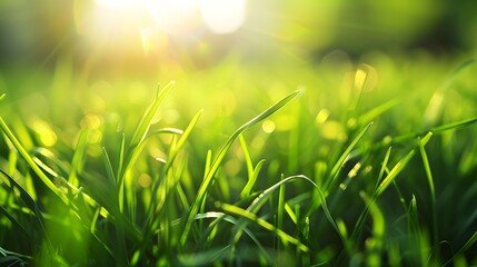 Fresh Green Grass in Sunlight: Vibrant Summer Spring Morning Nature Scene