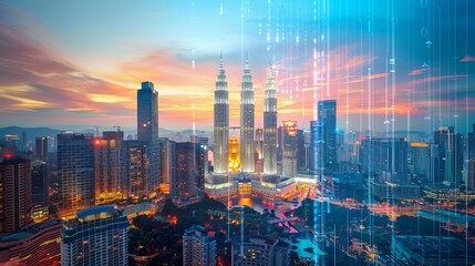 An abstract technology hologram featuring a panoramic view of Kuala Lumpur at dusk in Malaysia and Asia. Concept of technological change of the world.   - obrazy, fototapety, plakaty