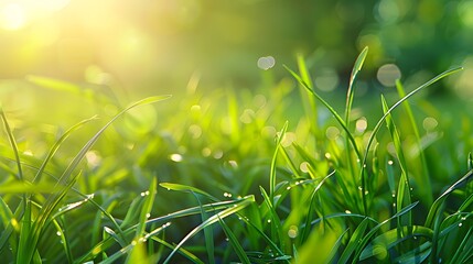 Fresh Green Grass in Sunlight: Vibrant Summer Spring Morning Nature Scene