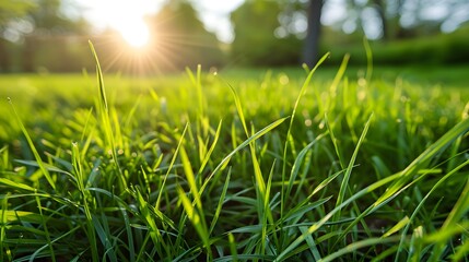 Fresh Green Grass in Sunlight: Vibrant Summer Spring Morning Nature Scene