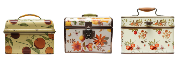 set of different vintage style metal lunchboxes featuring classic designs, isolated on transparent background
