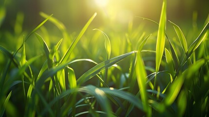 Fresh Green Grass in Sunlight: Vibrant Summer Spring Morning Nature Scene