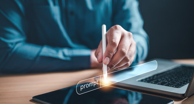 join, learning, marketing, membership, register, subscription, information, connection, human, network. A man is writing on a laptop with a white pen. The laptop screen shows the word "prompt".