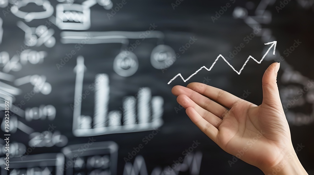 Poster hand displaying a growth chart with upward trend in a dynamic presentation. ideal for finance and bu