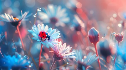 Colorful Daisy Wheel and Ladybug Artistic Nature Background. Vibrant Spring and Summer Outdoor Scene.