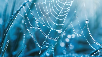 Macro photography of dew drops on a spider web. Serene natural beauty captured in blue tones with soft focus. Stunning cobweb adorned with water droplets in spring or summer.