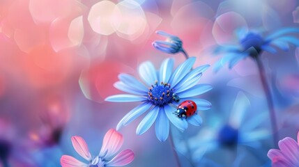 Colorful Daisy Wheel and Ladybug Artistic Nature Background. Vibrant Spring and Summer Outdoor Scene.