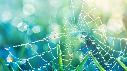 Macro photography of dew drops on a spider web. Serene natural beauty captured in blue tones with soft focus. Stunning cobweb adorned with water droplets in spring or summer.