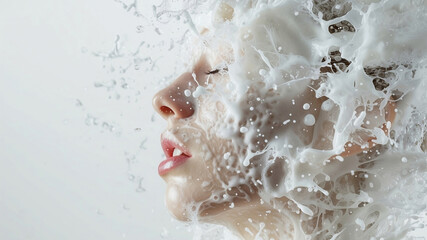 Young woman Girl in foam and water drops Fashion spa salon advertising. Abstract fashion concept. Shampoo foam with bubbles.