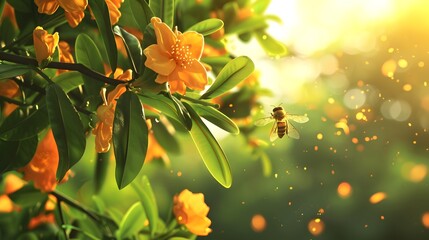 Vibrant Orange Blossom: Stunning Natural Scene with Tree Foliage, Flowers, and Bee in Nature