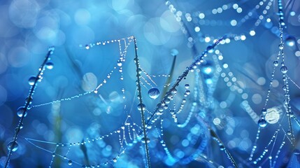 Macro photography of dew drops on a spider web. Serene natural beauty captured in blue tones with soft focus. Stunning cobweb adorned with water droplets in spring or summer.