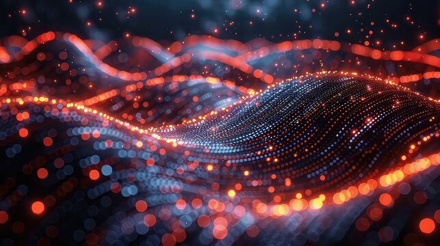 3d rendering of abstract background wave particles with depth of field and bokeh lights