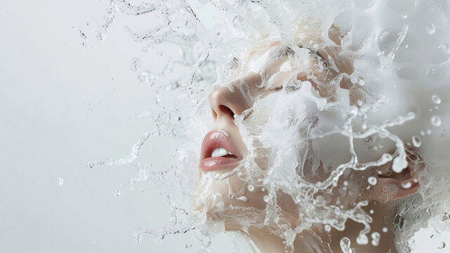 Young woman Girl in foam and water drops Fashion spa salon advertising. Abstract fashion concept. Shampoo foam with bubbles.