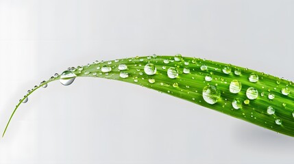 Fresh Dew Drops and Rainwater on Vibrant Green Grass Leaf. Close-up Nature Photography.