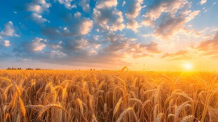 Golden Wheat Field Sunset Panorama: Beautiful Natural Landscape Photography of Rural Countryside at Dusk