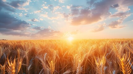 Golden Wheat Field Sunset Panorama: Beautiful Natural Landscape Photography of Rural Countryside at Dusk