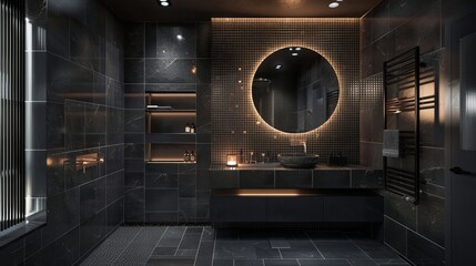 Modern bathroom interior design featuring round mirror, dark tiles, and lighting