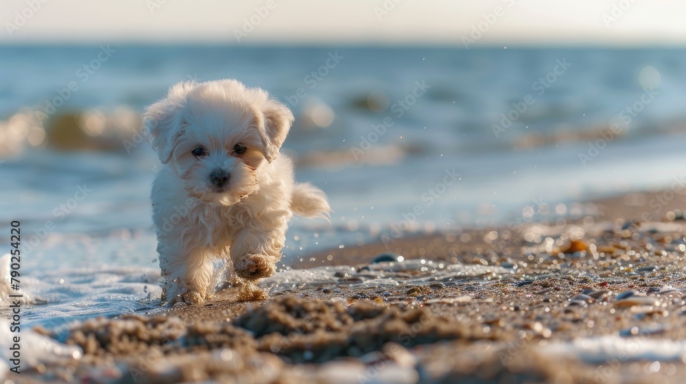 Canvas Prints Adorable Bichon Frise puppy strolling along the shore Portrait of a small canine