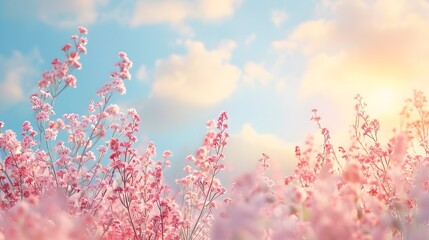 Pastel Spring Blossom: Gentle Floral Background with Pink Fluffy Flowers, Blue Sky, and Soft Sunlight. Nature Border.