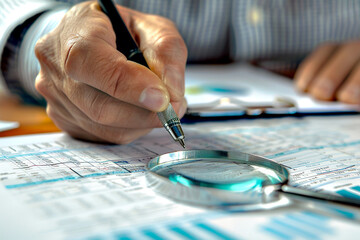 Analyzing financial report using magnifying glass. Businessman makes audit company economic report.