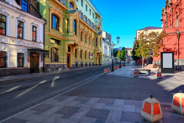 Petrovsky lane, cozy street in Moscow, Russia. Architecture and landmarks of Moscow. Cityscape of Moscow